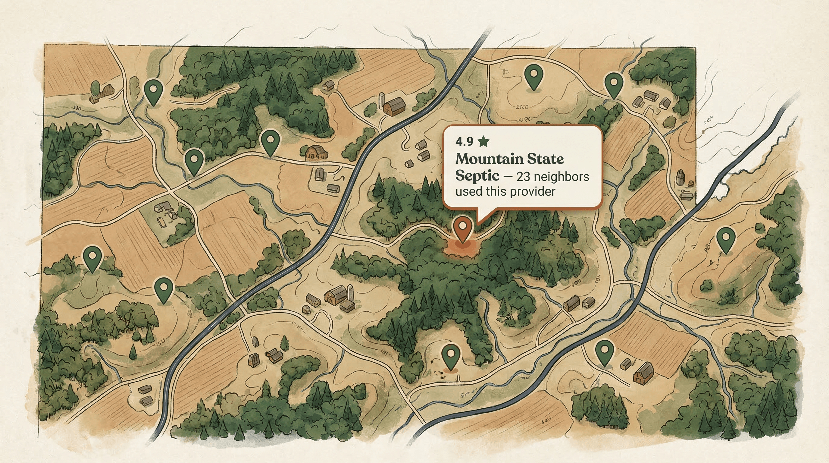 Rural county map with provider pins